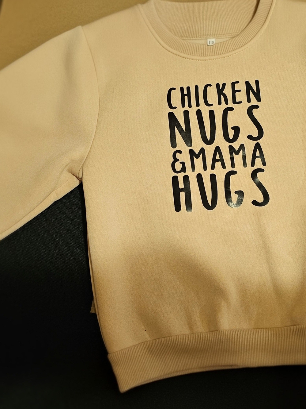 SHEIN Beige Sweatshirt with Black Lettering - "Chicken Nugs & Mama Hugs"